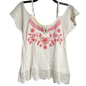 Off Shoulder Embroidered Top Crochet Trim Blouse Boho Summer Casual XS